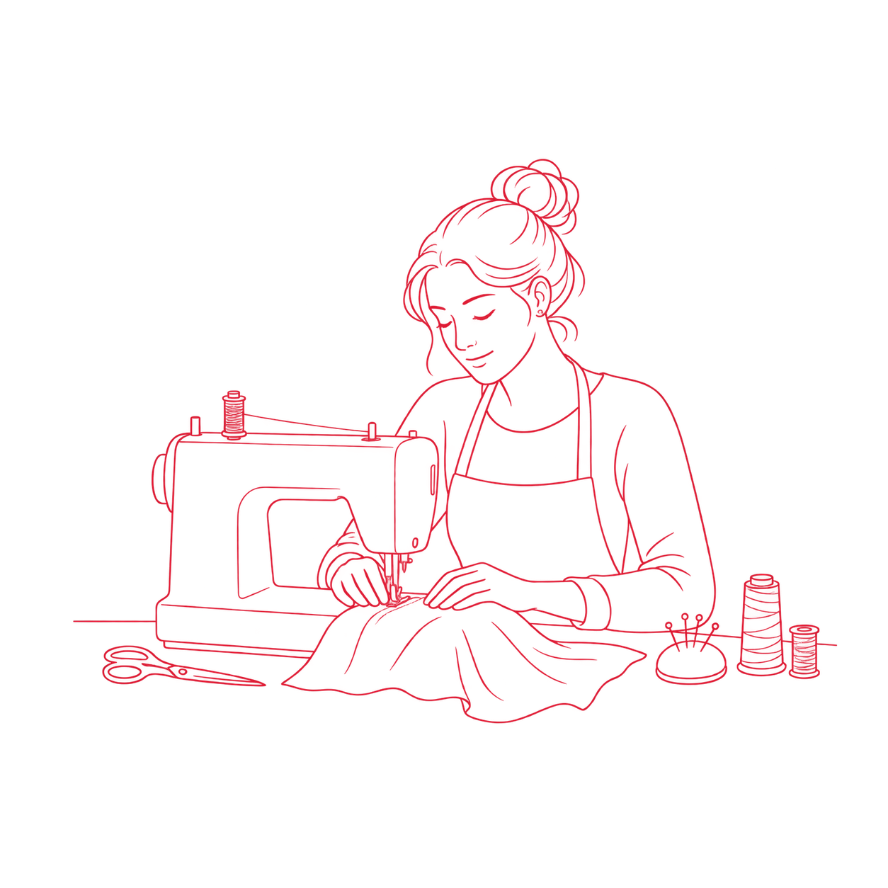Mujer cosiendo en rojo Cáritas