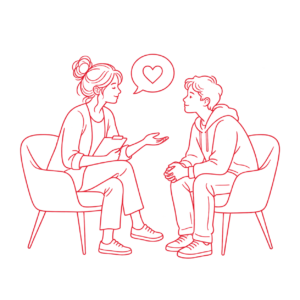 Personas sentadas en sillones hablando